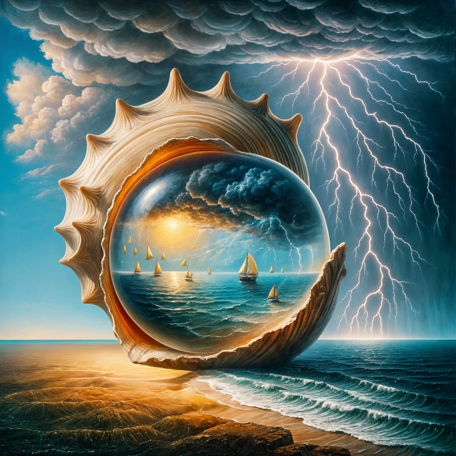 Surreal Seashell World Inside a Glass Sphere Contrasts Storm...