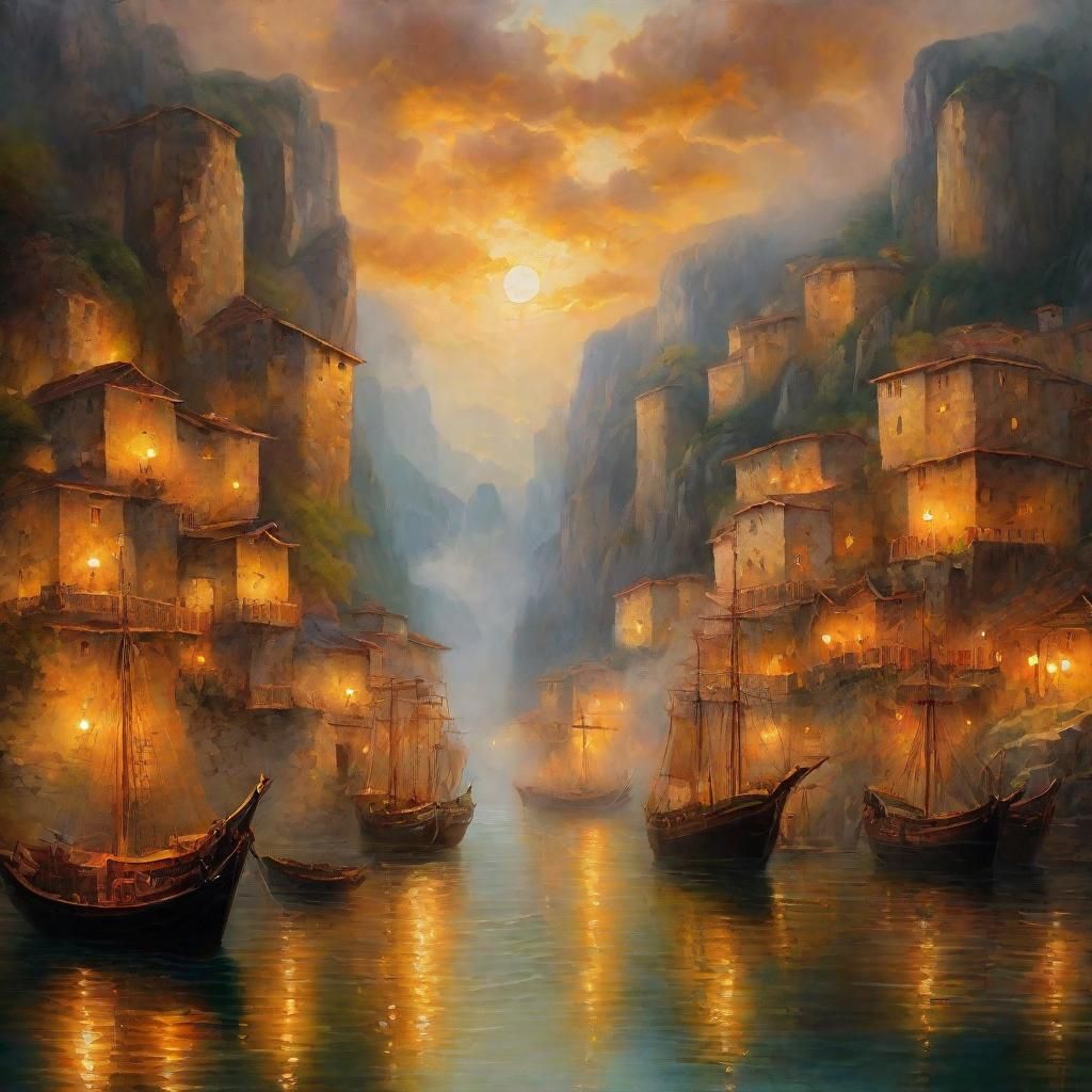 Mystical Port Surrounded by Cliffs: Oil Painting
