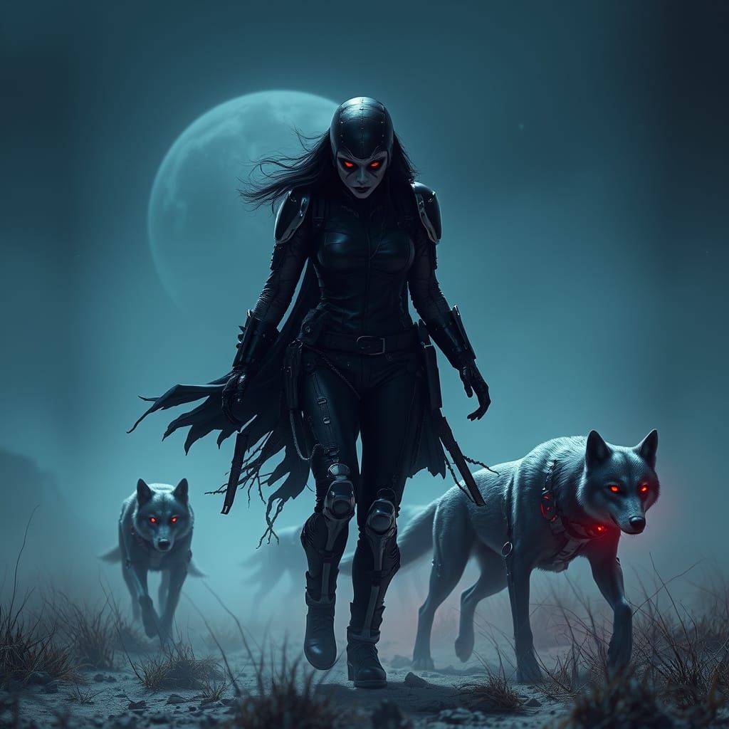 Gothic Cyborg Huntress in Wasteland, Cyberpunk Art