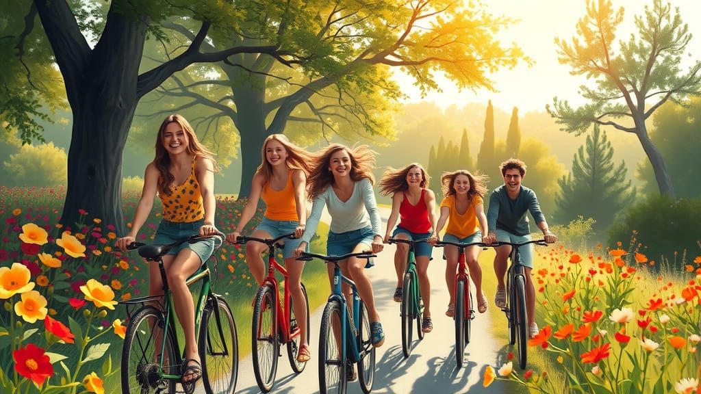 Vibrant Friends Cycling Through Blooming Wildflowers in Impr...