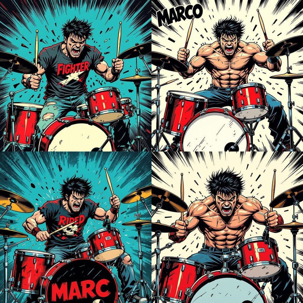 Energetic Punk Comic Art: Muscular Drummer in Motion