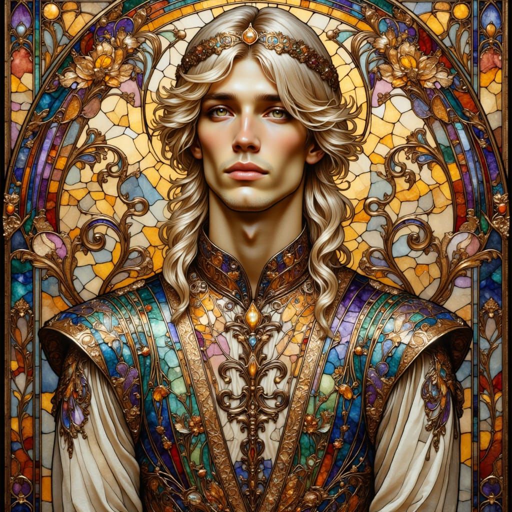 Art Nouveau Man in Rainbow Stained-Glass