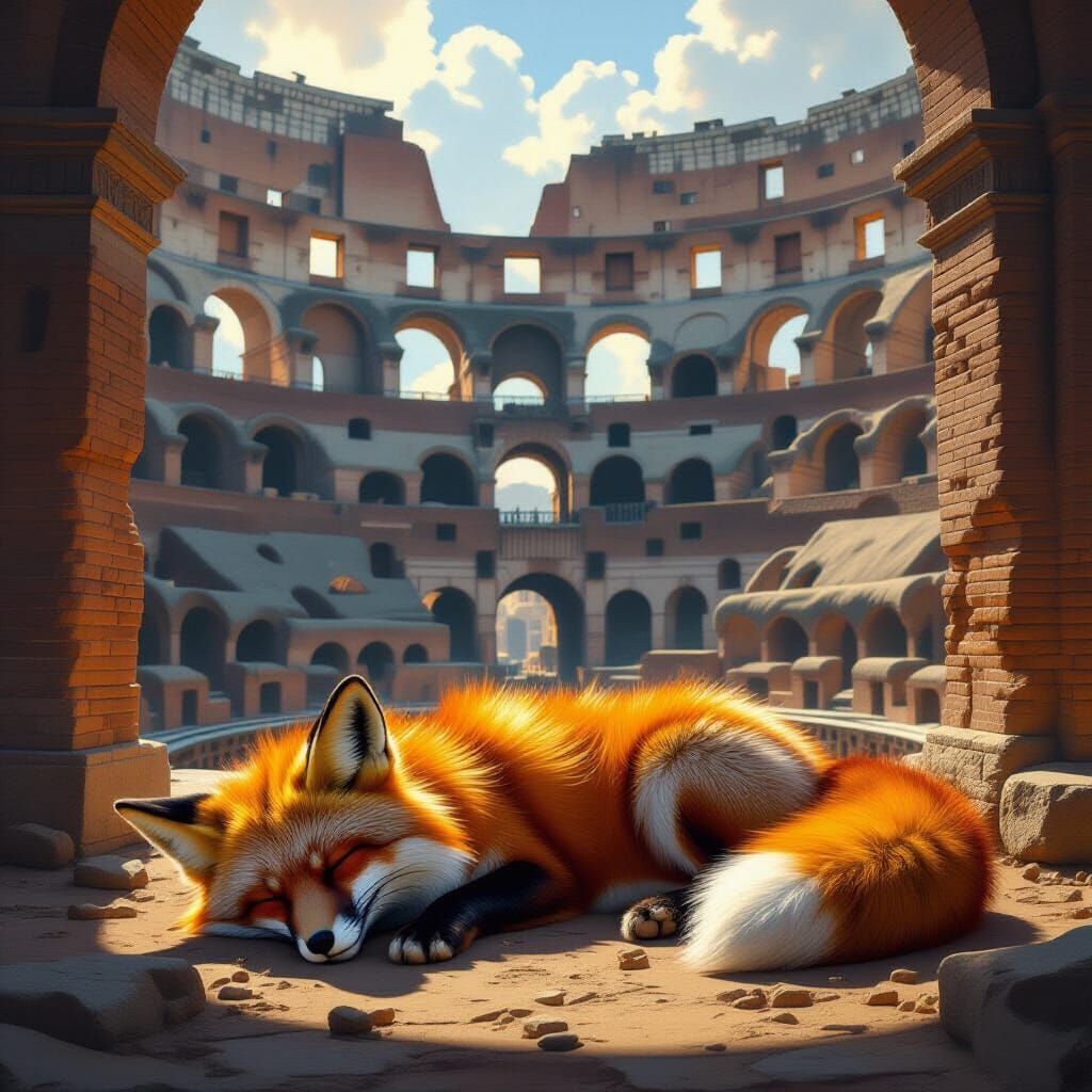 Giant Red Fox Rests in Epic Colosseum
