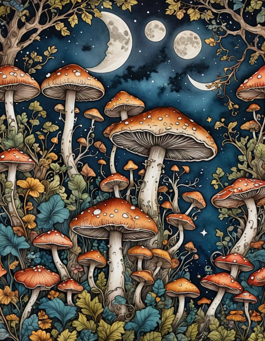 Moonlit Mushrooms in Coloring Book Style