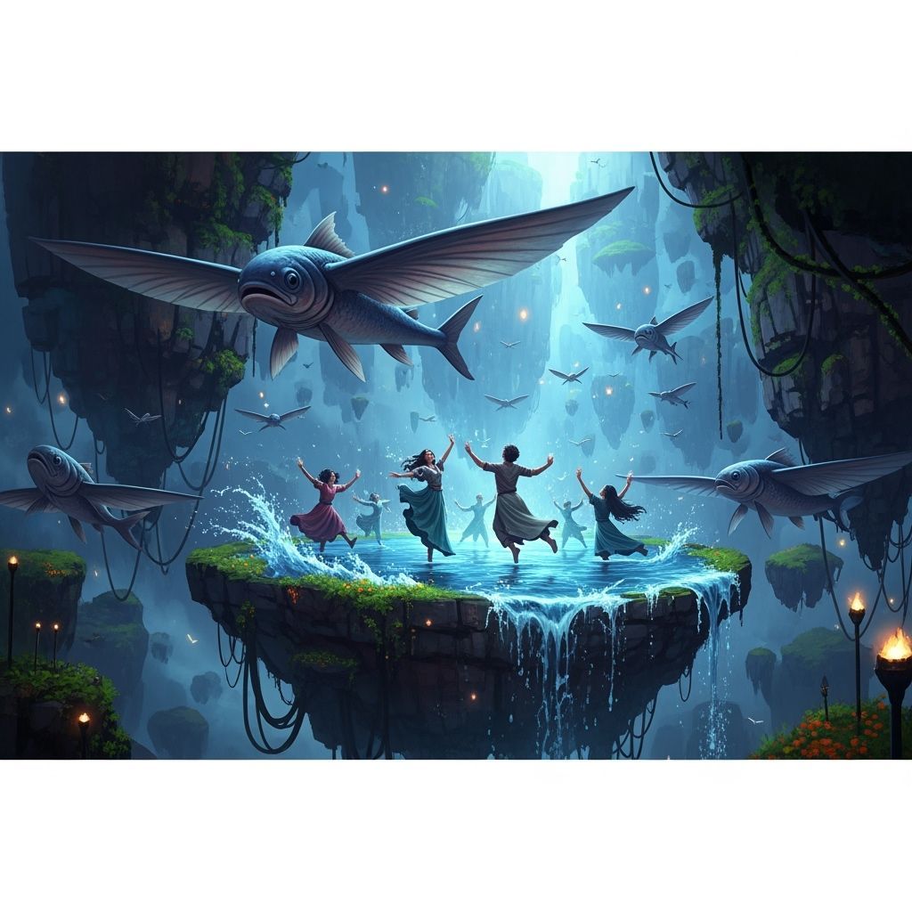 Flying Fish Dance in Frutiger Metro Style Matte Painting