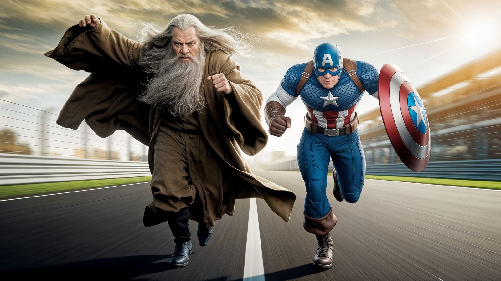Gandalf and Captain America Sprinting Together in Vibrant Su...