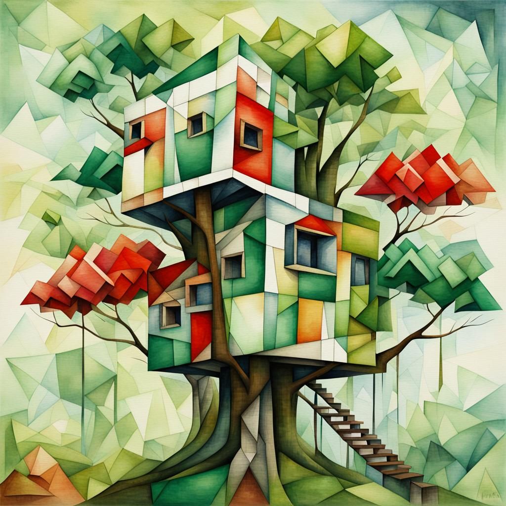 Abstract Geometric Treehouse in Watercolour Impasto Style