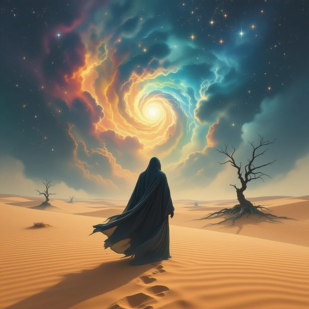 Surreal Desert Figure Under Cosmic Sky