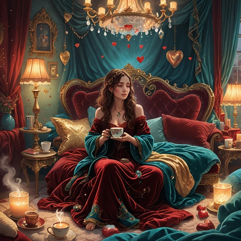 Cozy Bedroom Scene with Hot Chocolate, Digital Art