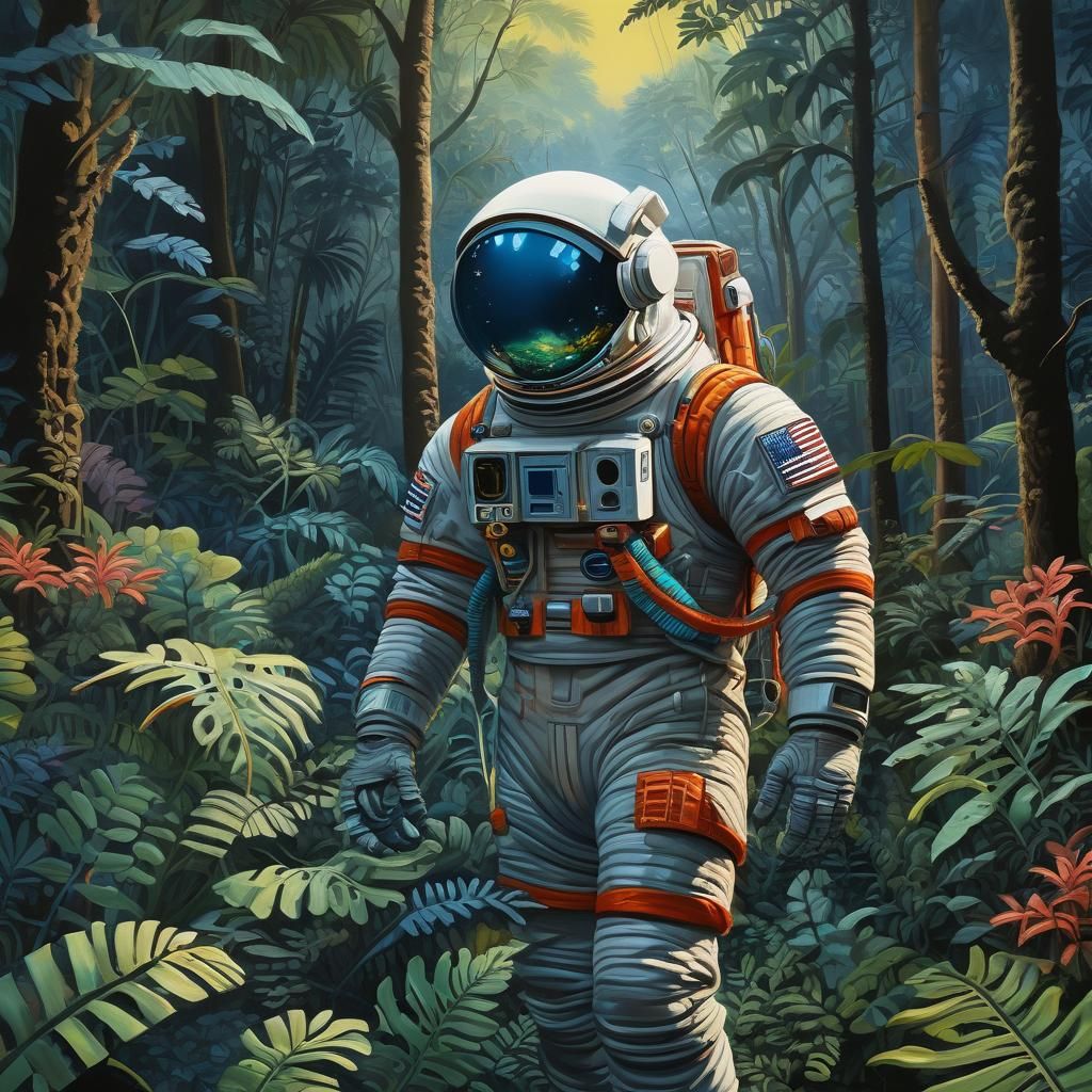 Astronaut on Rainforest Planet: Gouache Painting