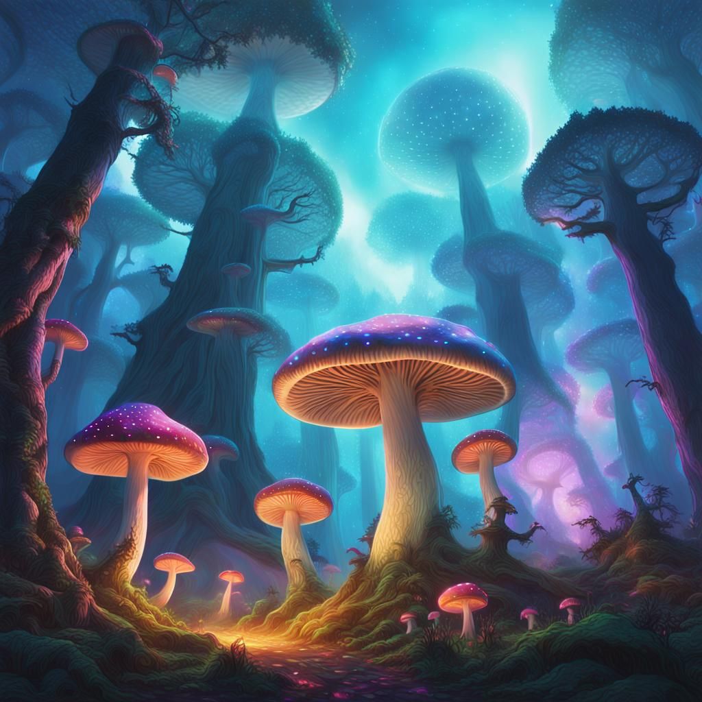 Cosmic Mushrooms in Mystical Forest: Digital Illustration