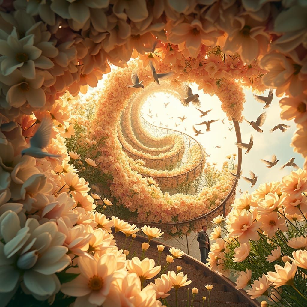 Vibrant Spring Paradise with Infinite Spiral Staircase and D...