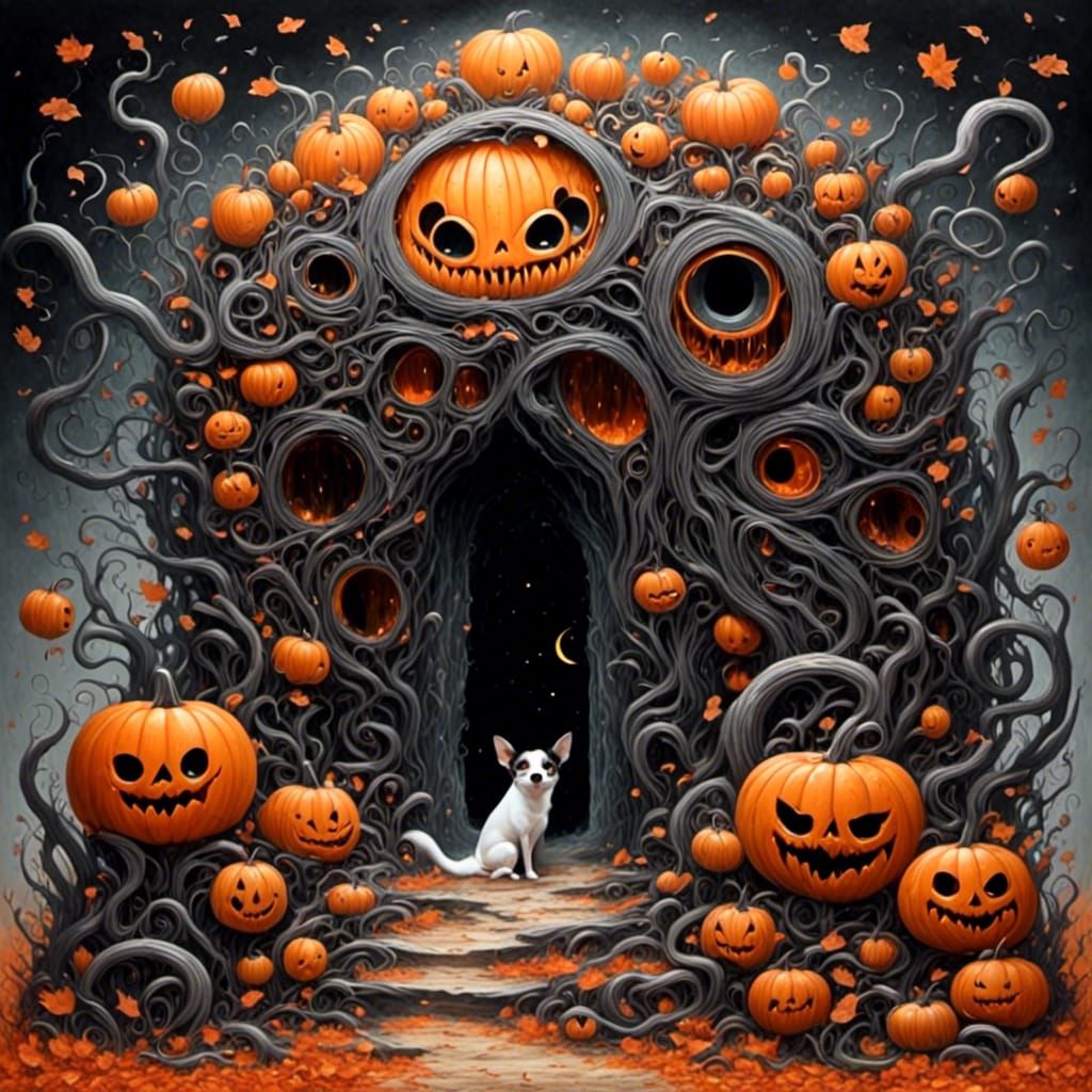 Autumnal Scene with Chihuahua and Ghosts in Watercolor