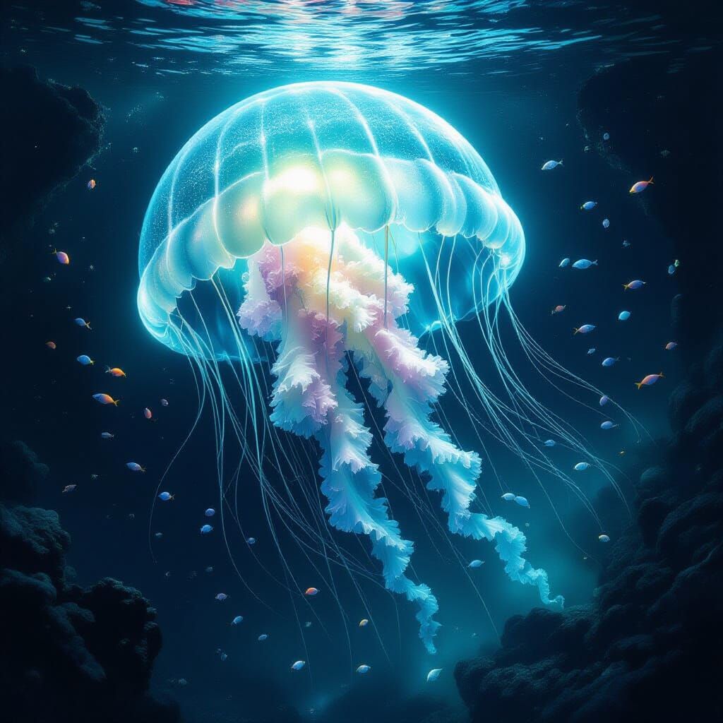Bioluminescent Jellyfish in Subterranean Ocean, Surrealist S...