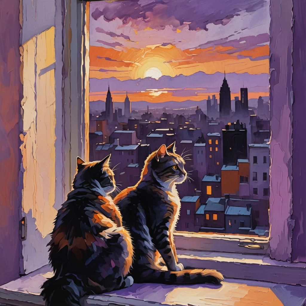 Expressionist Painting of Cat at Sunset Windowsill