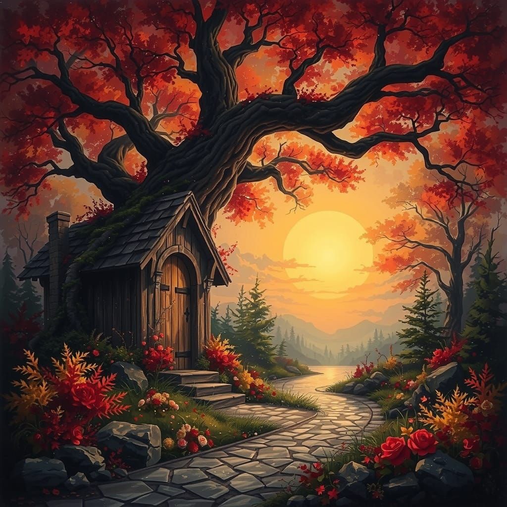 Surreal Autumn Scene with Wooden Structure and Heavy Moss