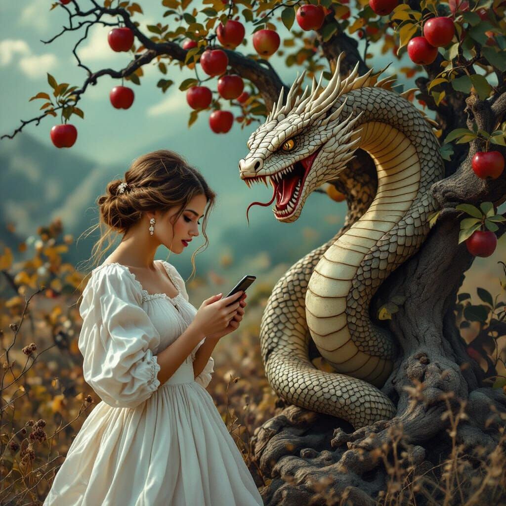 Surreal Serpent and Apple Tree in Oil