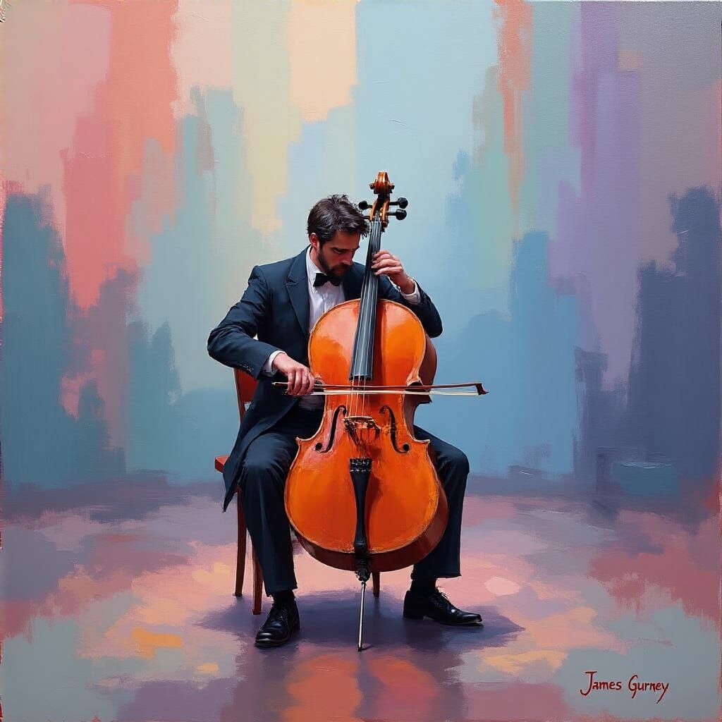 Cellist in Concert Hall, Rothko-Inspired Abstract Art