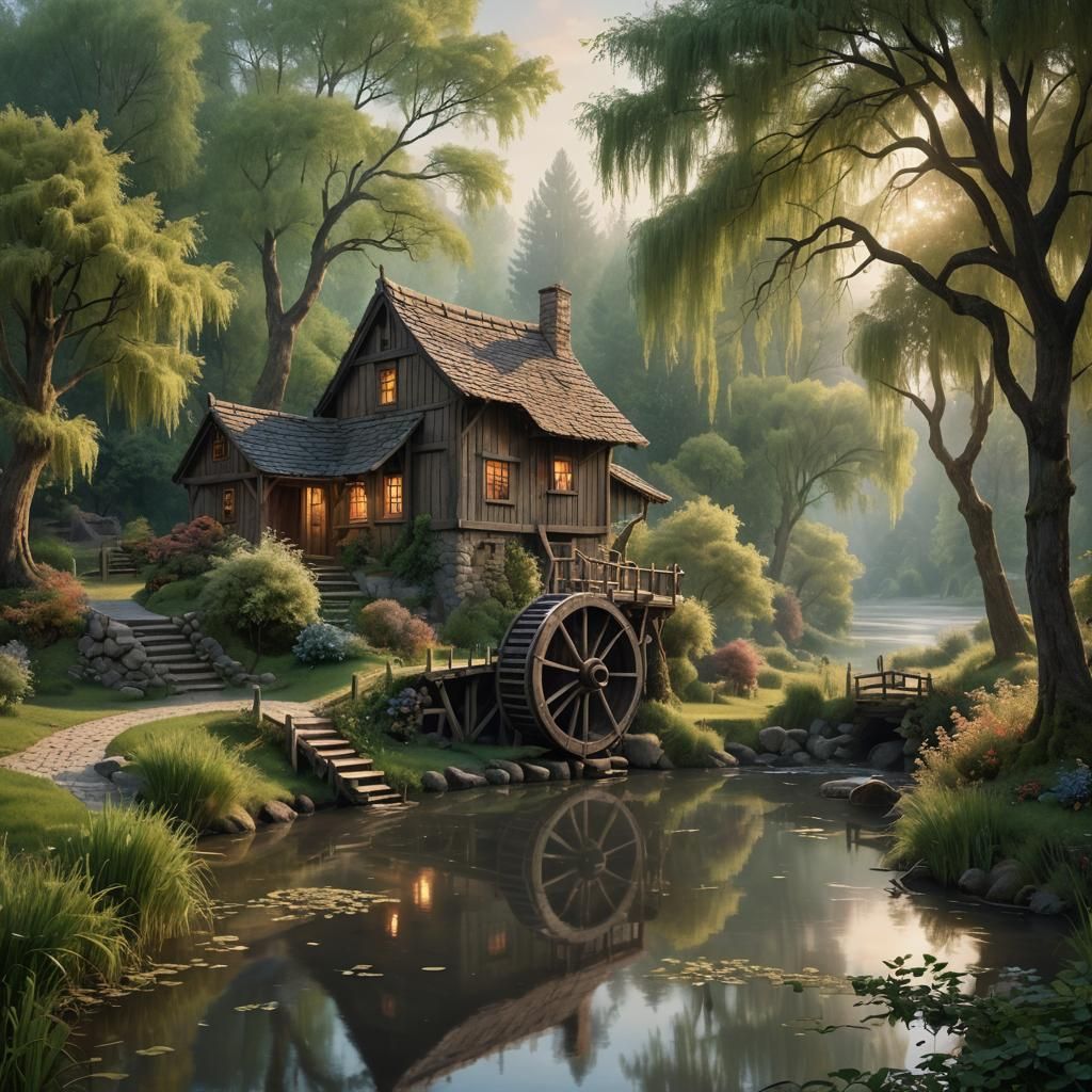 Rustic Cottage at Dawn: Fantasy Concept Art