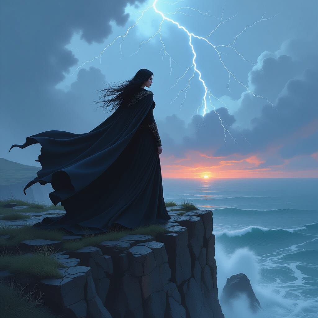 Goth Queen Overlooking Turbulent Sea in Detailed Matte Paint...