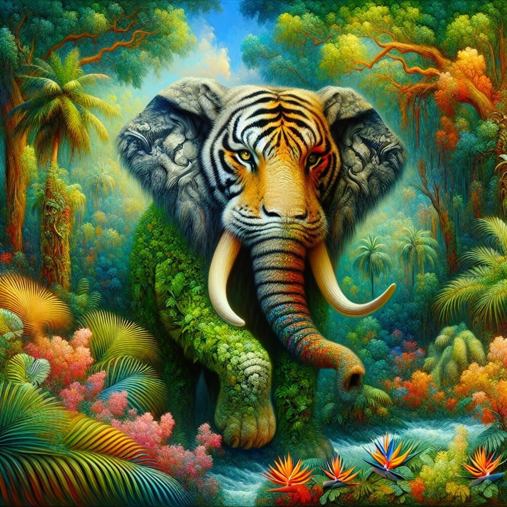 Tiger-Elephant Hybrid in Tropical Jungle Oil Painting