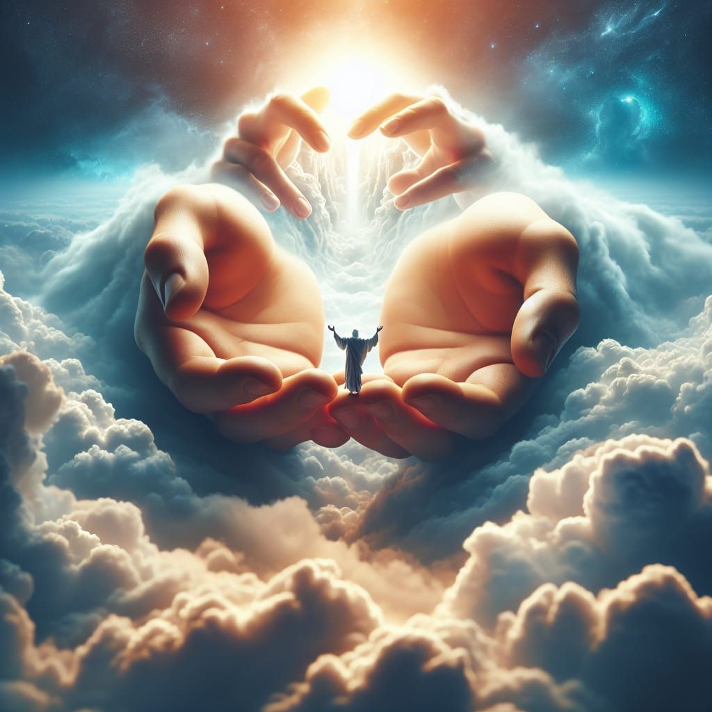 Hands from Heaven Offer a Miniature Human