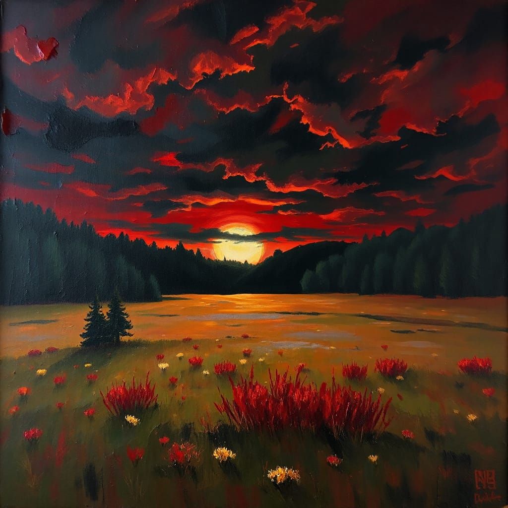 Shadowy Forest Meadow Landscape in Bob Ross Style