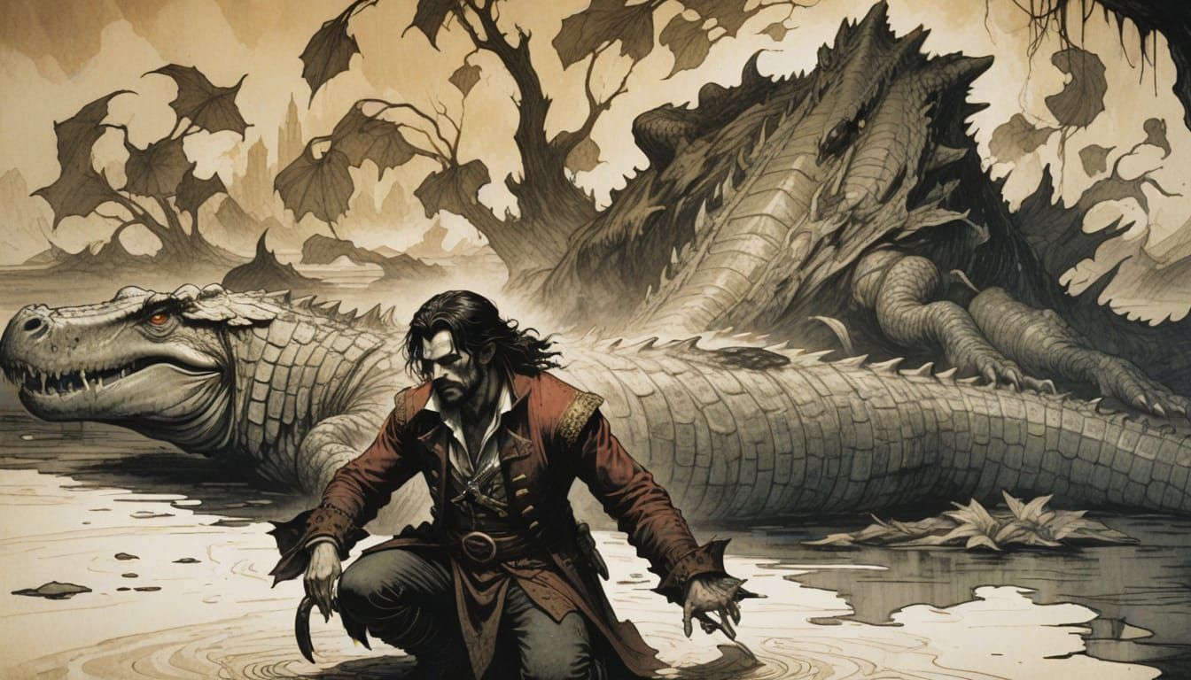 Exhausted Captain Hook Confronts a Dead Crocodile