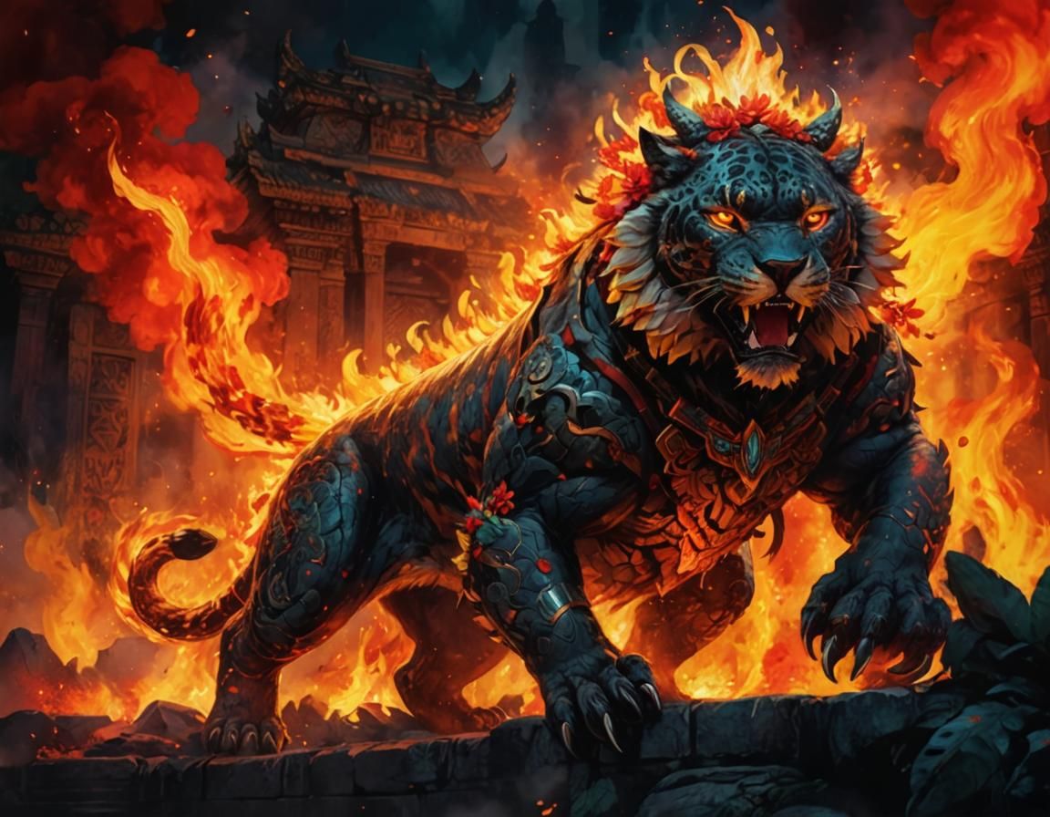 Mystic Fire Jaguar: Aztec Guardian in Alcohol Ink Style