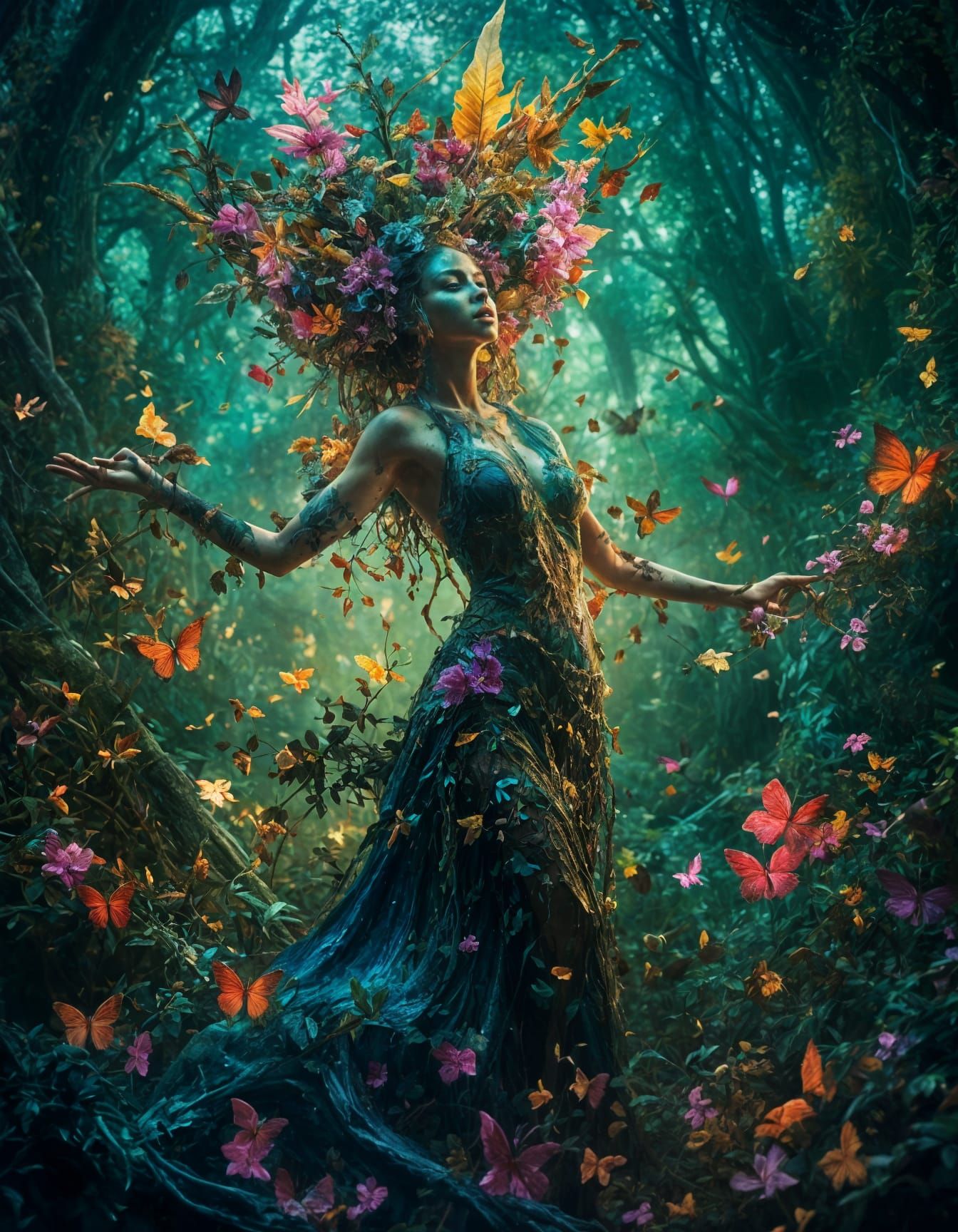 Astral Dryad Dancing in Jungle with Graffiti Art Style