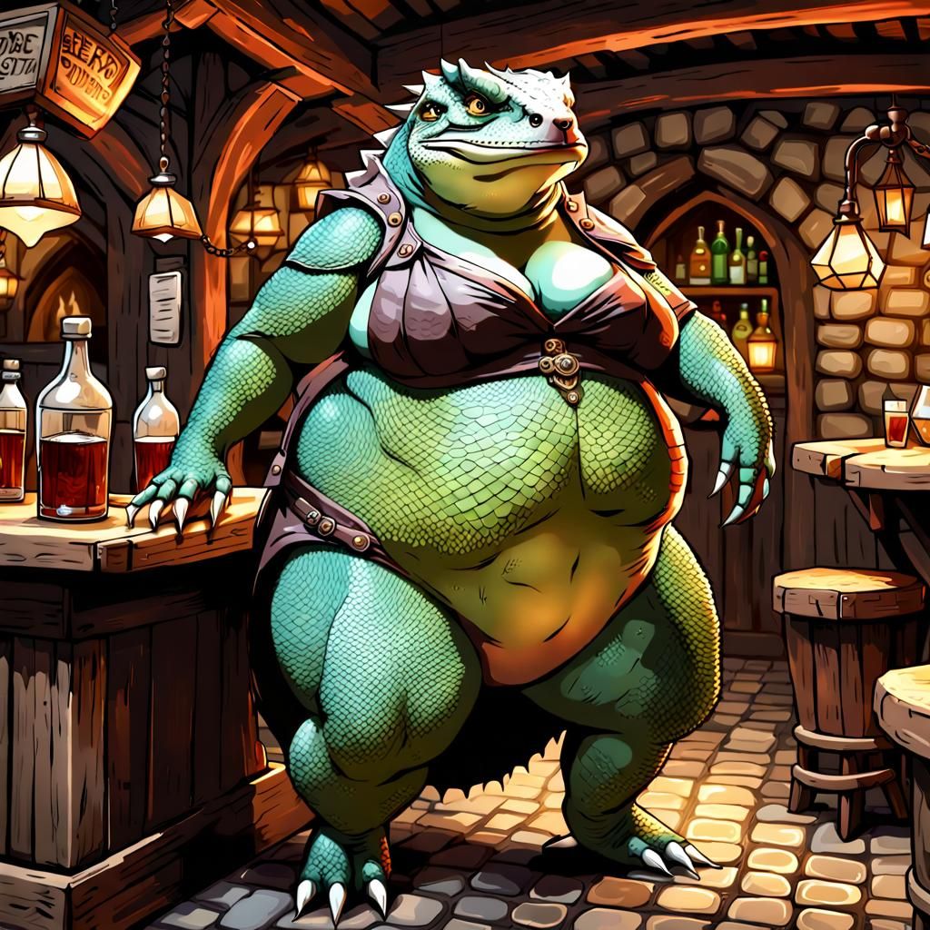 Alluring Anthro Lizard Tavern Keeper in Digital Art