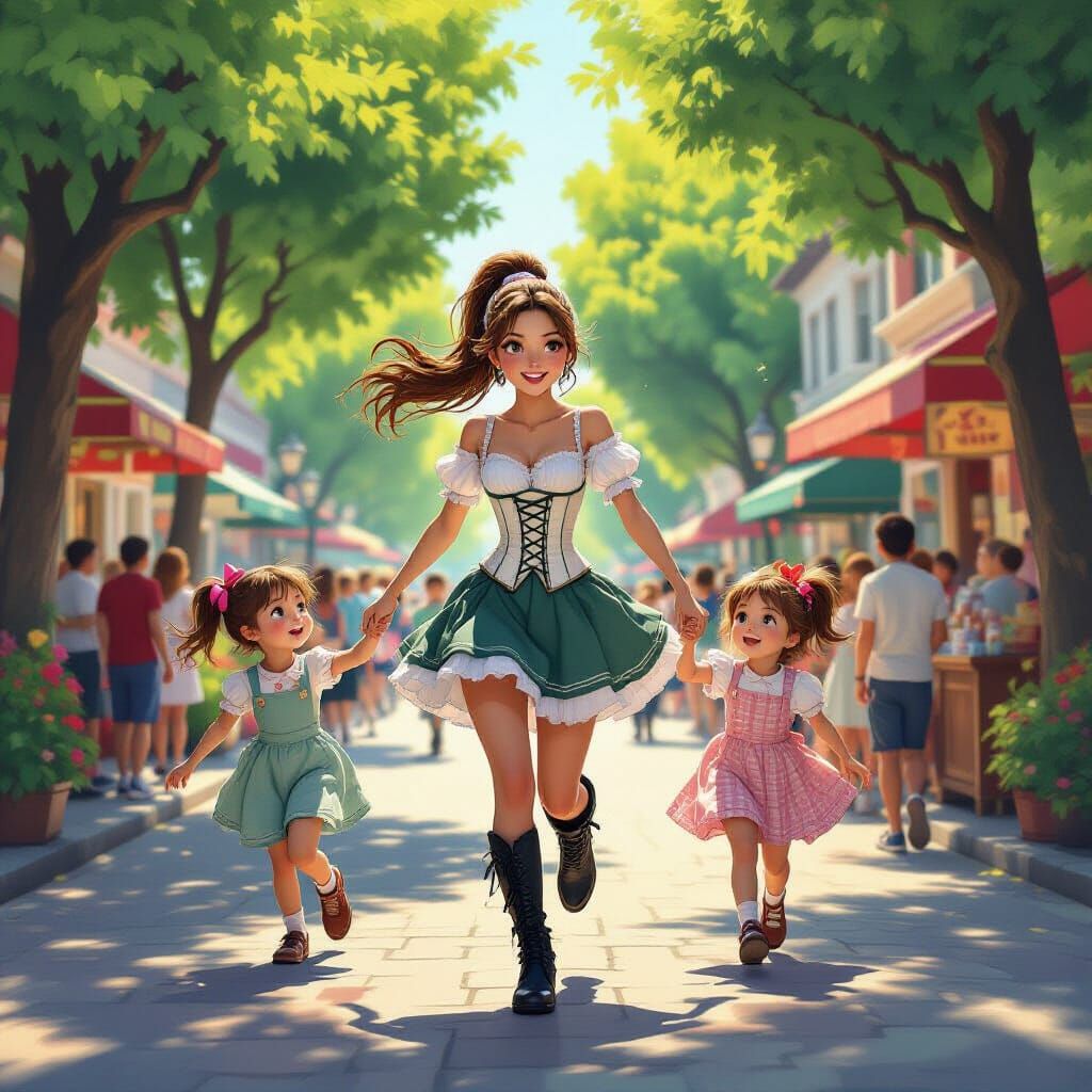 Joyful University Girl Runs Through Vibrant Marketplace