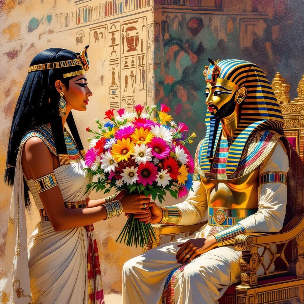 Ankhsenamun Presents Flowers to Pharaoh in Abstract Egyptian...