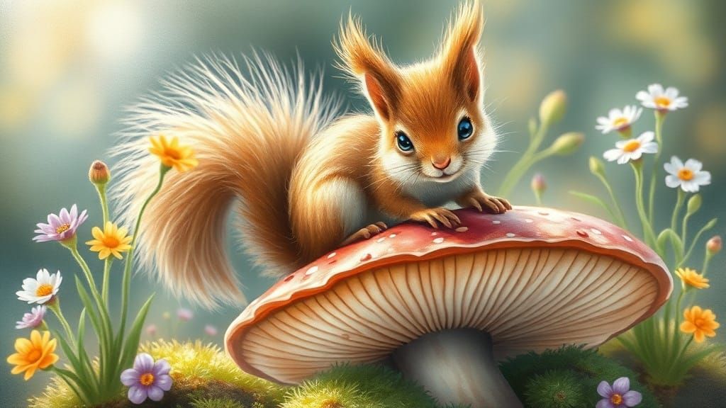 Whimsical Squirrel on Mushroom, Watercolor Style