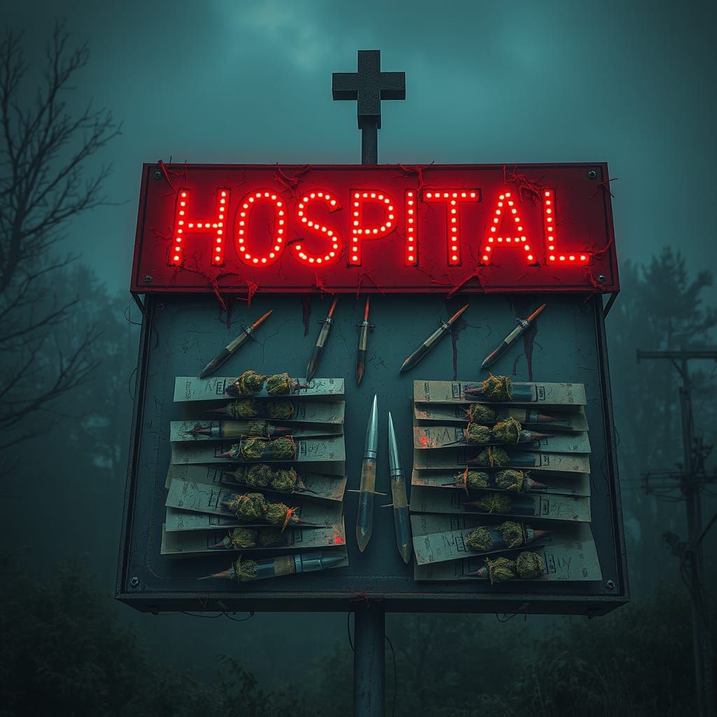 Grunge Hospital Sign in Decay, Shrouded in Sinister Atmosphe...