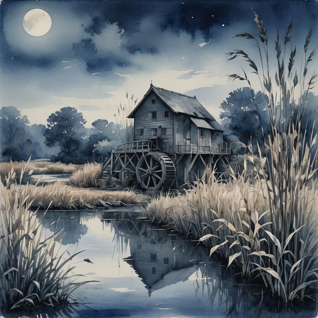 Monochrome Blue Watercolor of Watermill and Heron