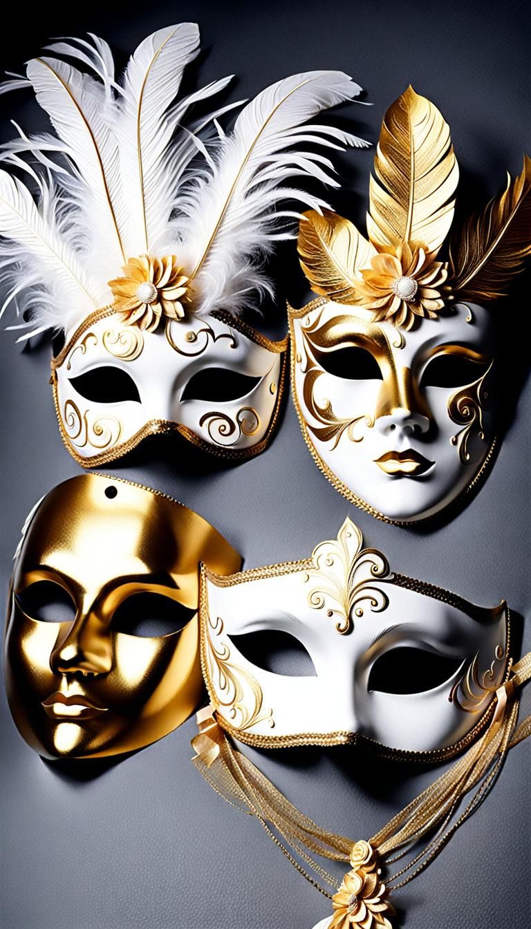 Elegant Venetian Masks with Feathers and Gold