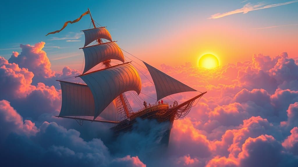 Ethereal Battleship Chases Radiant Sun Through Luminous Clou...