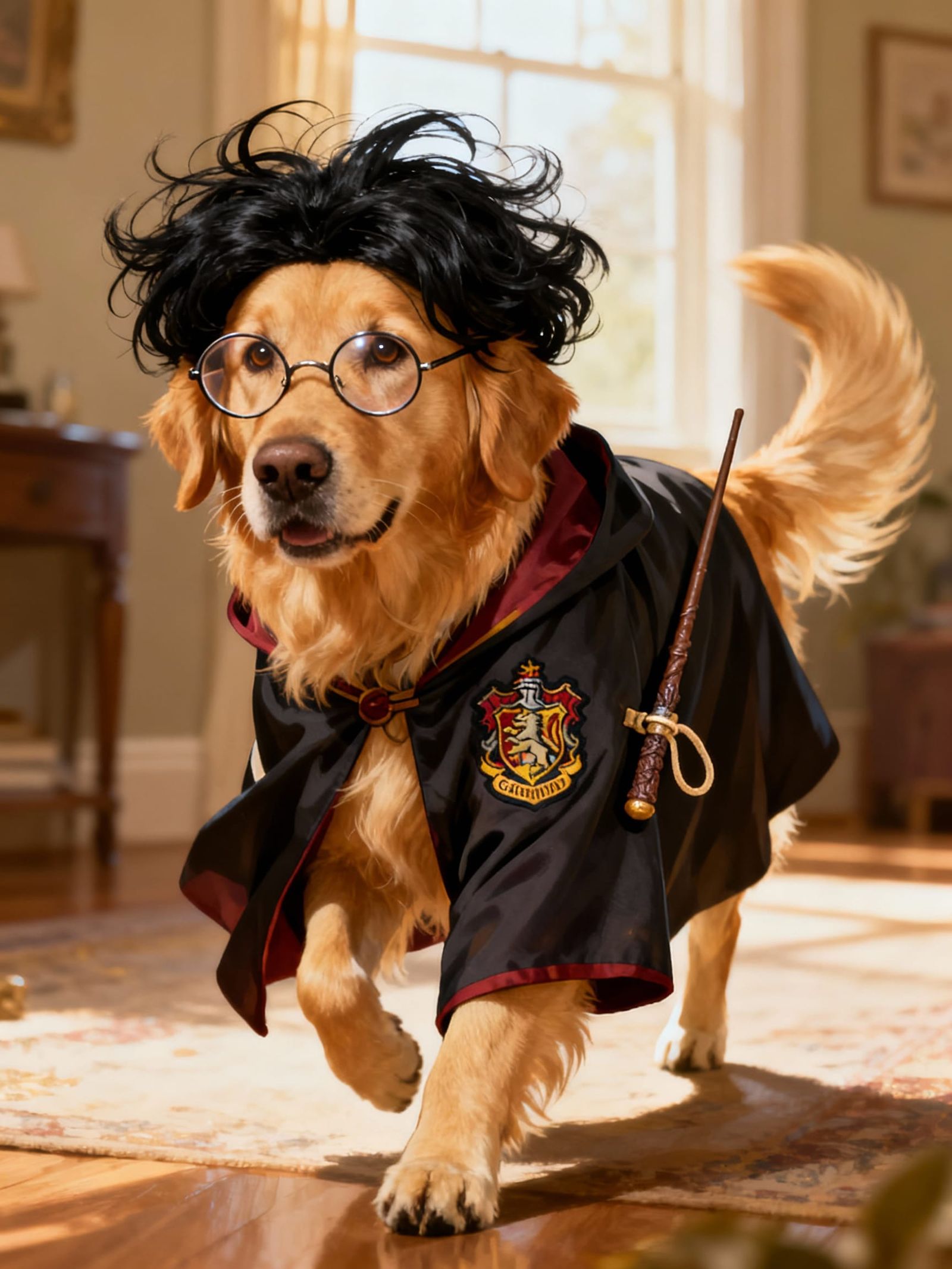 Wizard Golden Retriever in Hogwarts Robes and Glasses