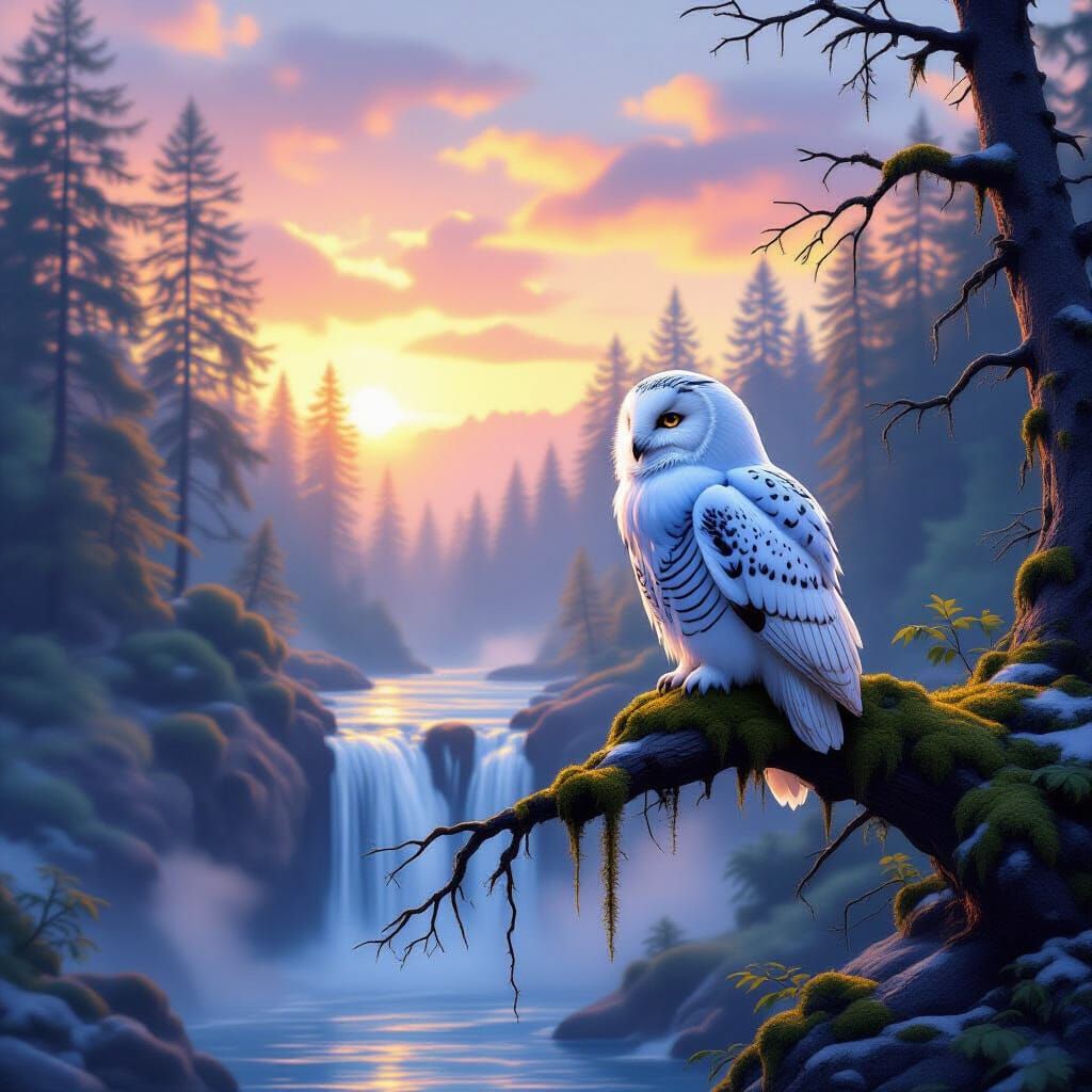 Majestic Snowy Owl Overlooking Waterfall