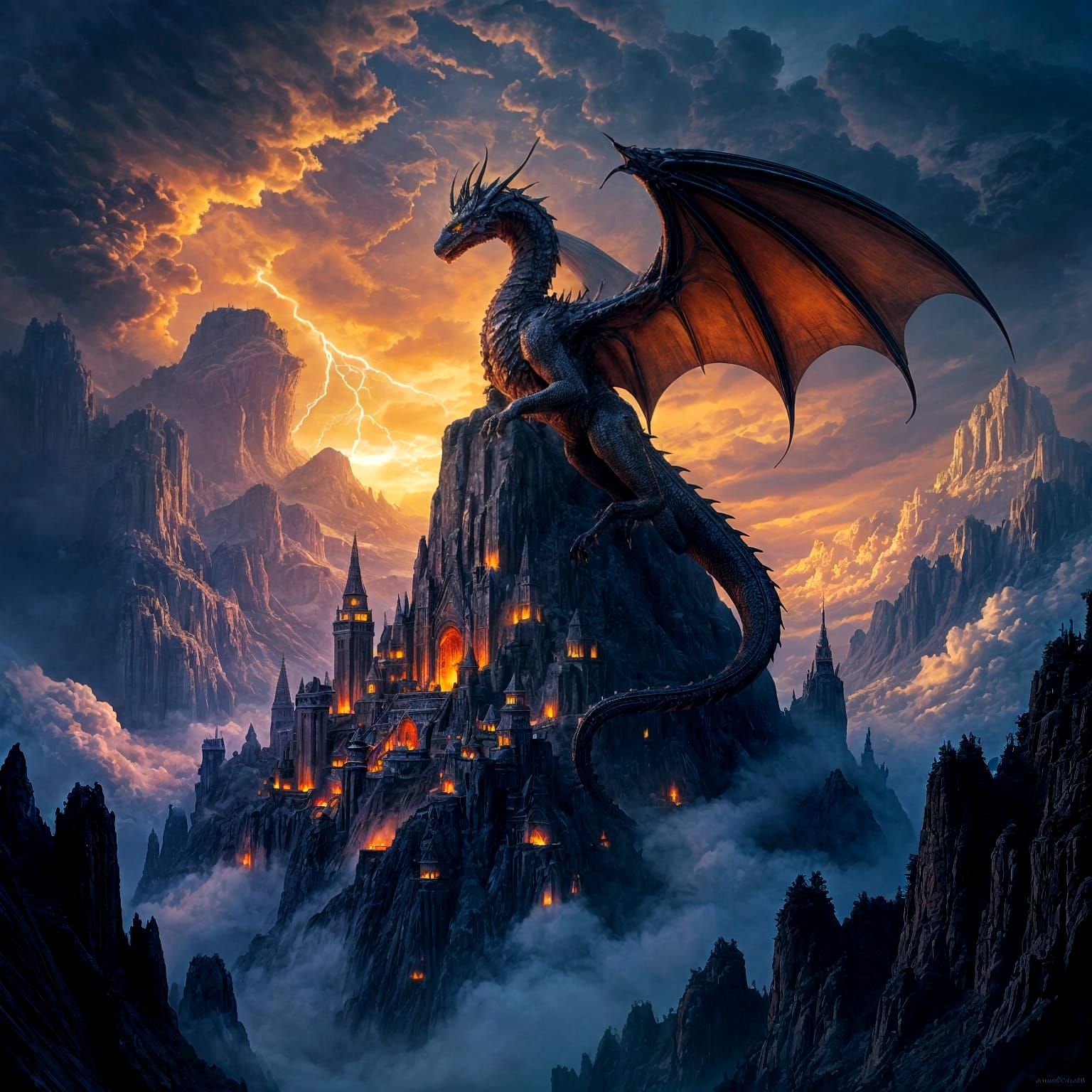 Ancient Dragon Overlooking Fantastical City in Dark Fantasy ...