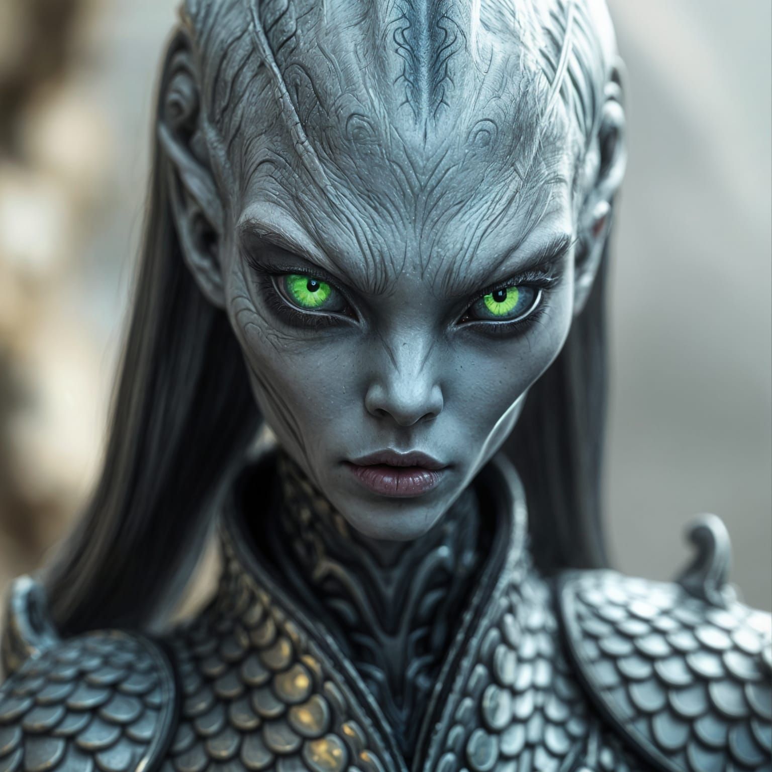 Ethereal Alien Warrior Priestess in Shimmering Silvery Armor