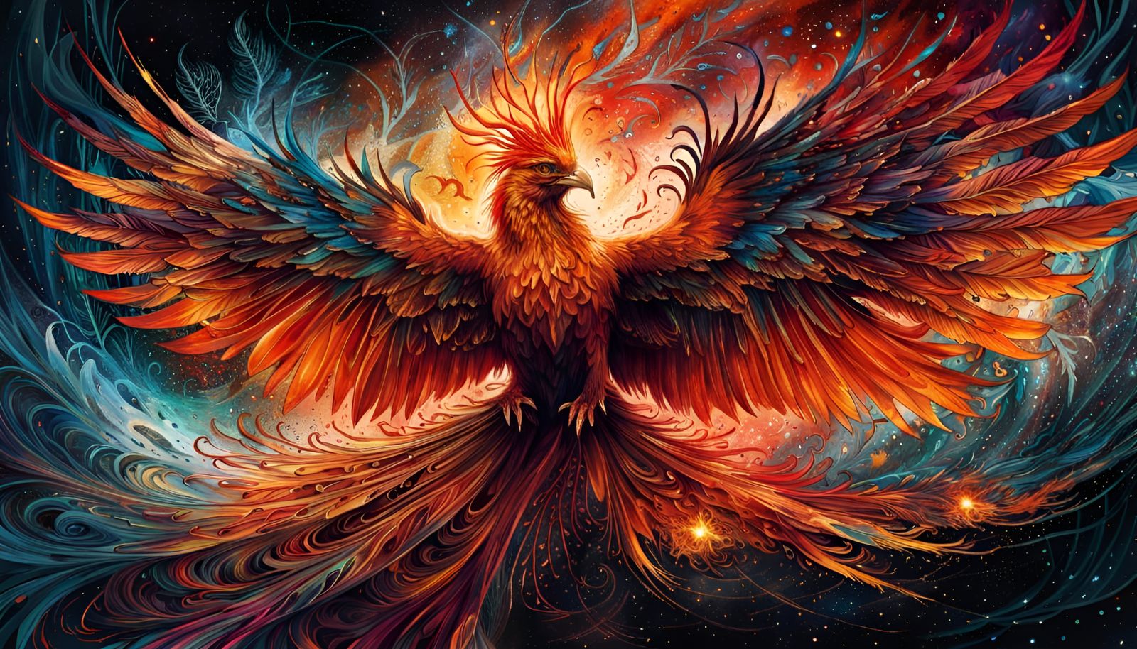 Fiery Phoenix Rising from Ashes in Fractal Space