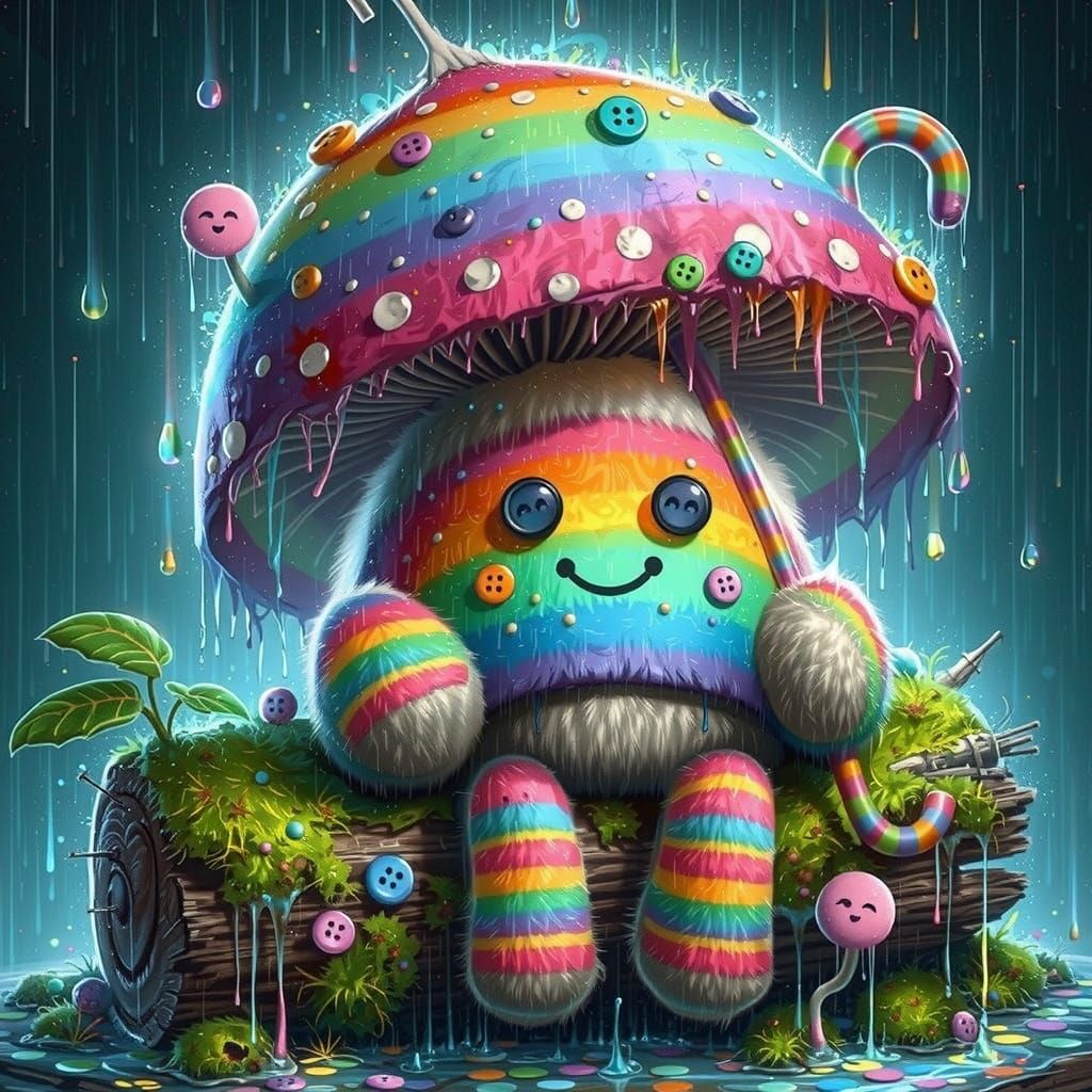 Mushroom Spirit Leans on Log in Whimsical Post-Apocalyptic S...