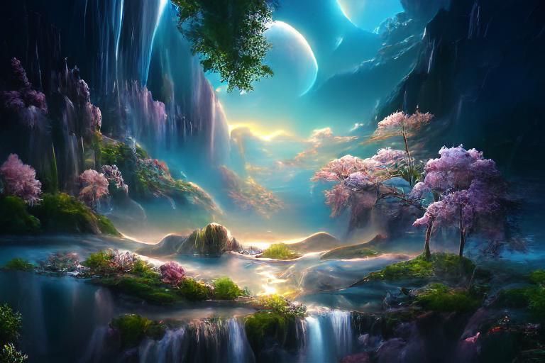 Magical Waterfall Fantasy Art in Rococo Style