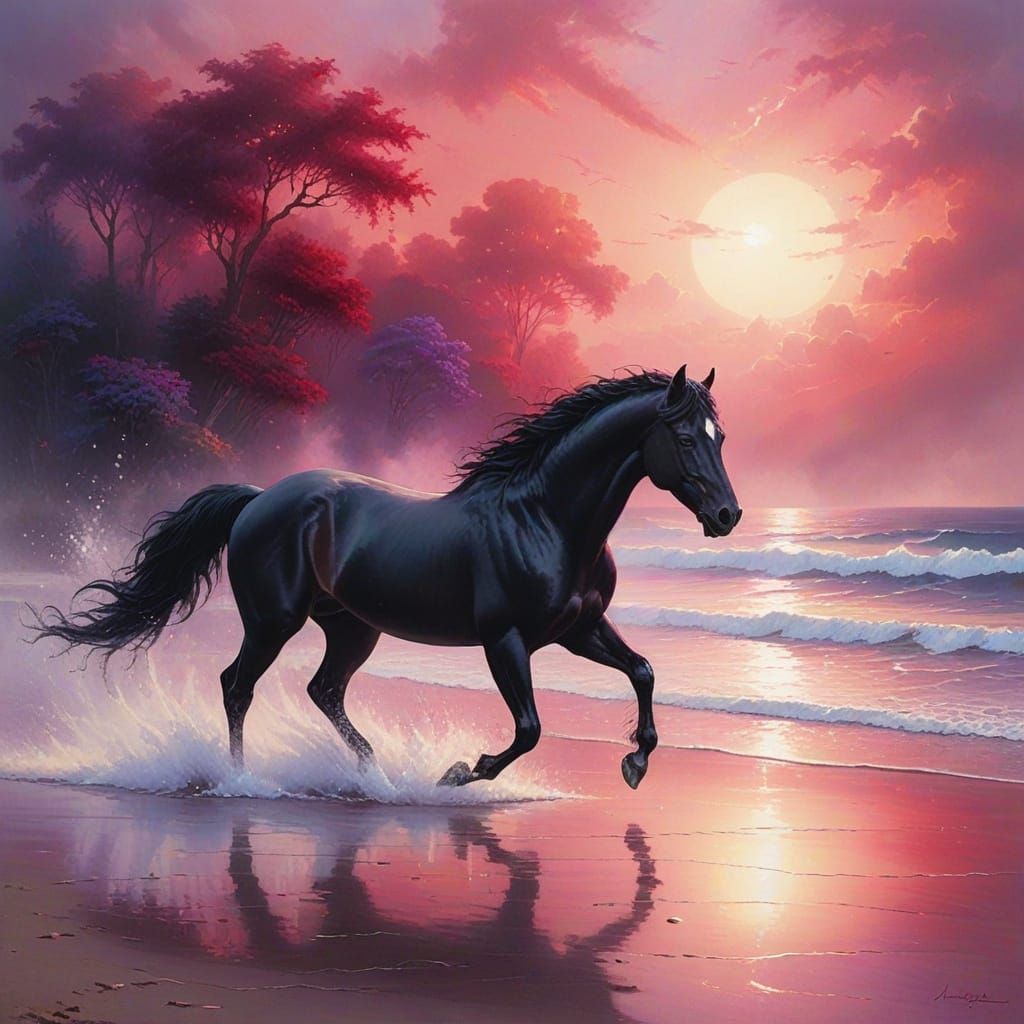 Ethereal Stallion Rides Beach in Whimsical Watercolor Dreams...
