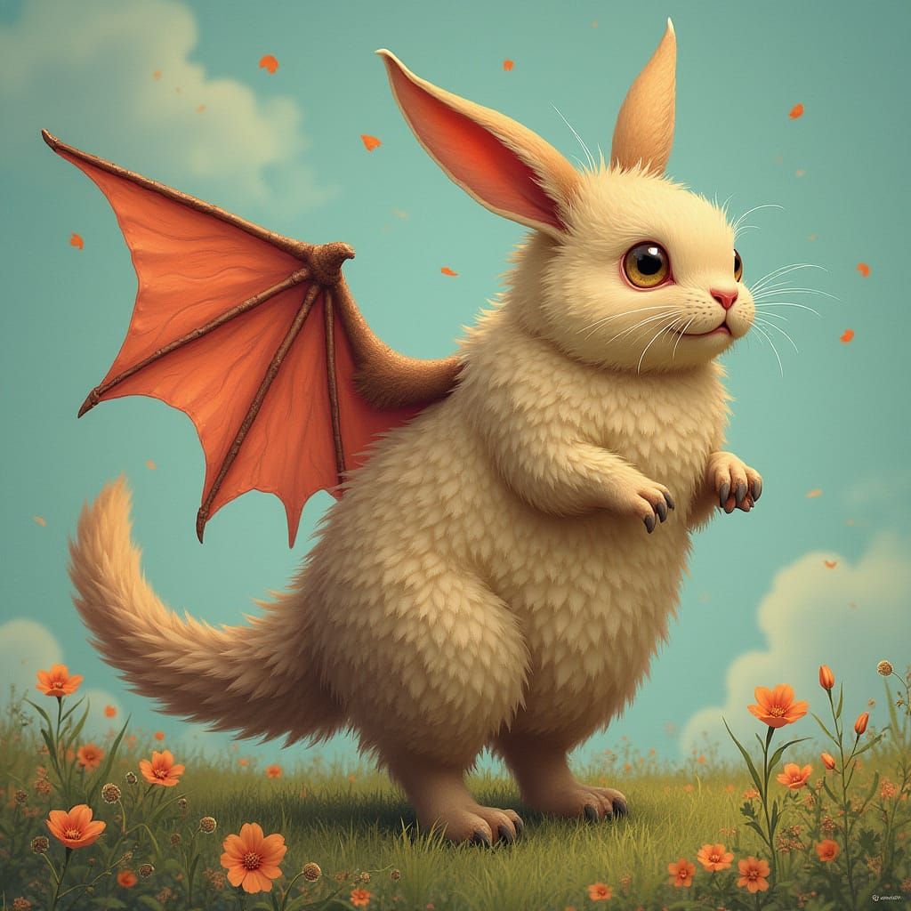 Mythical Bat-Winged Bunny-Dragon Creature, Painterly Style