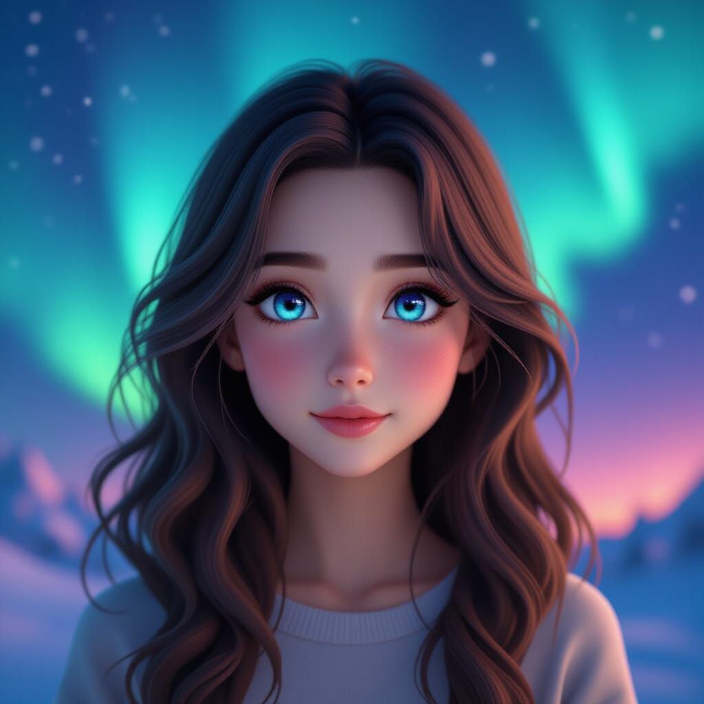 Girl Gazing at Vibrant Northern Lights in 3D Anime Style