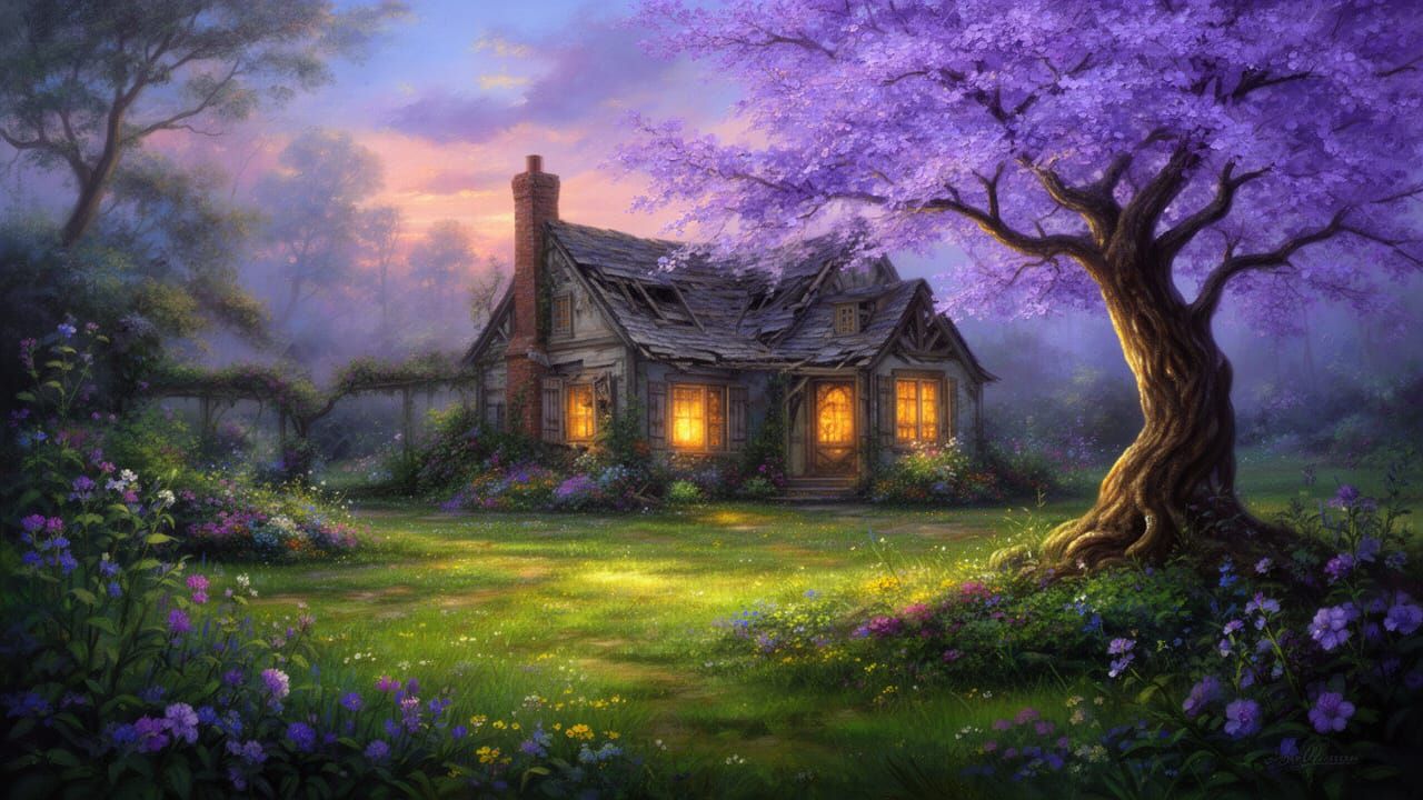 Enchanted Fantasy Garden at Twilight, Thomas Kinkade Style