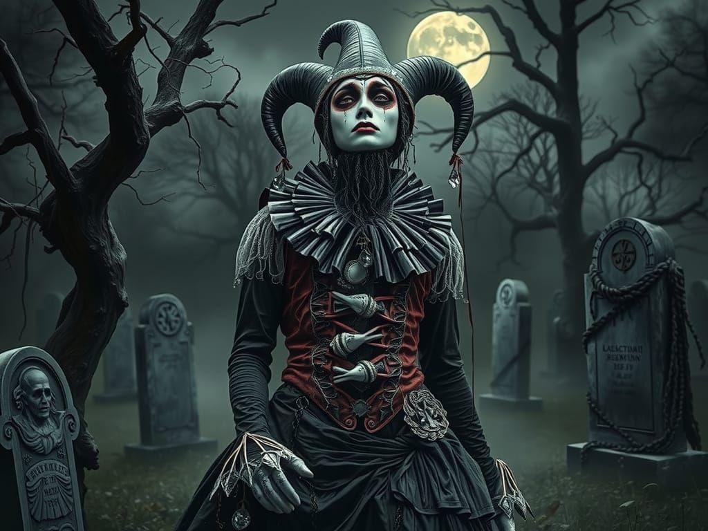 Sorrowful Harlequin in Gothic Graveyard, Tears of Glitter St...